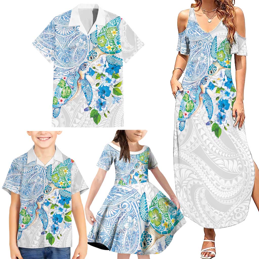 Hawaiian Couple Turtles Honi Family Matching Summer Maxi Dress and Hawaiian Shirt Polynesian Art Motifs and Hibiscus White Blue Color - Polynesian Pride