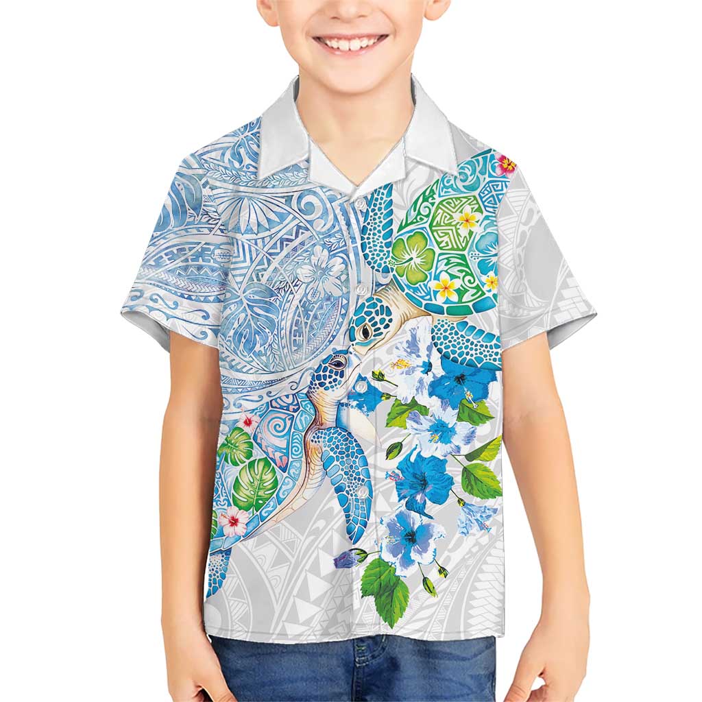 Hawaiian Couple Turtles Honi Family Matching Tank Maxi Dress and Hawaiian Shirt Polynesian Art Motifs and Hibiscus White Blue Color - Polynesian Pride