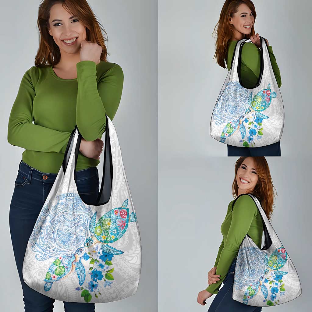 Hawaiian Couple Turtles Honi Grocery Bag Polynesian Art Motifs and Hibiscus White Blue Color - Polynesian Pride