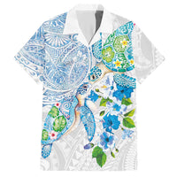 Hawaiian Couple Turtles Honi Hawaiian Shirt Polynesian Art Motifs and Hibiscus White Blue Color - Polynesian Pride