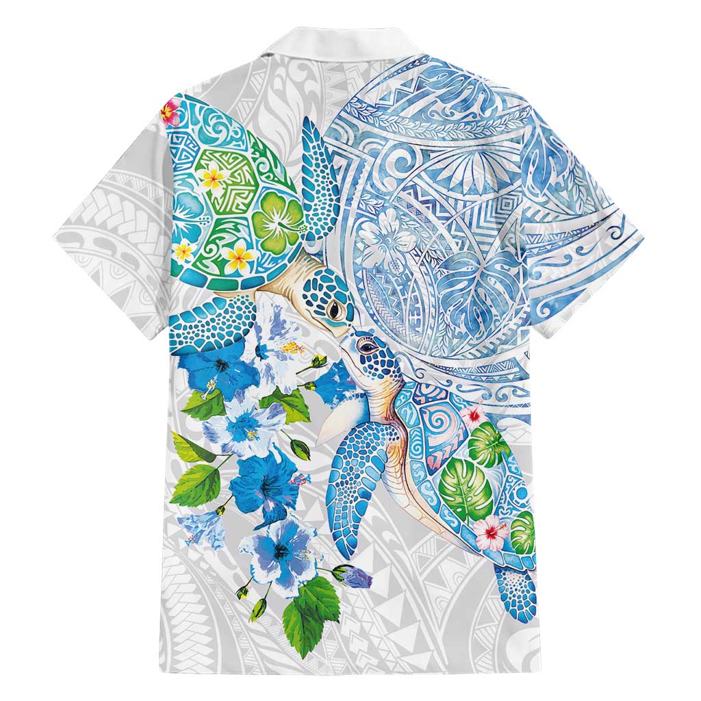 Hawaiian Couple Turtles Honi Hawaiian Shirt Polynesian Art Motifs and Hibiscus White Blue Color - Polynesian Pride