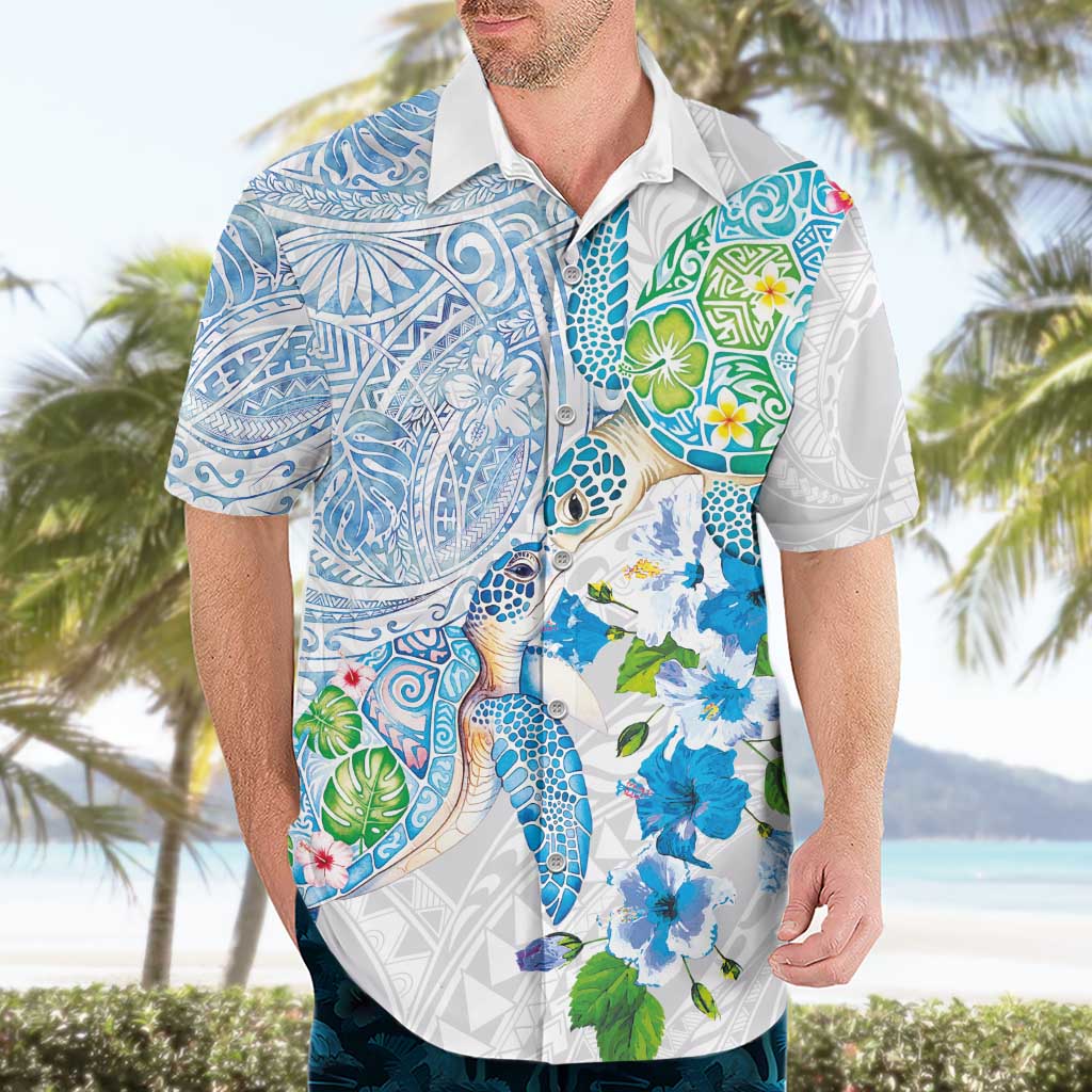 Hawaiian Couple Turtles Honi Hawaiian Shirt Polynesian Art Motifs and Hibiscus White Blue Color - Polynesian Pride