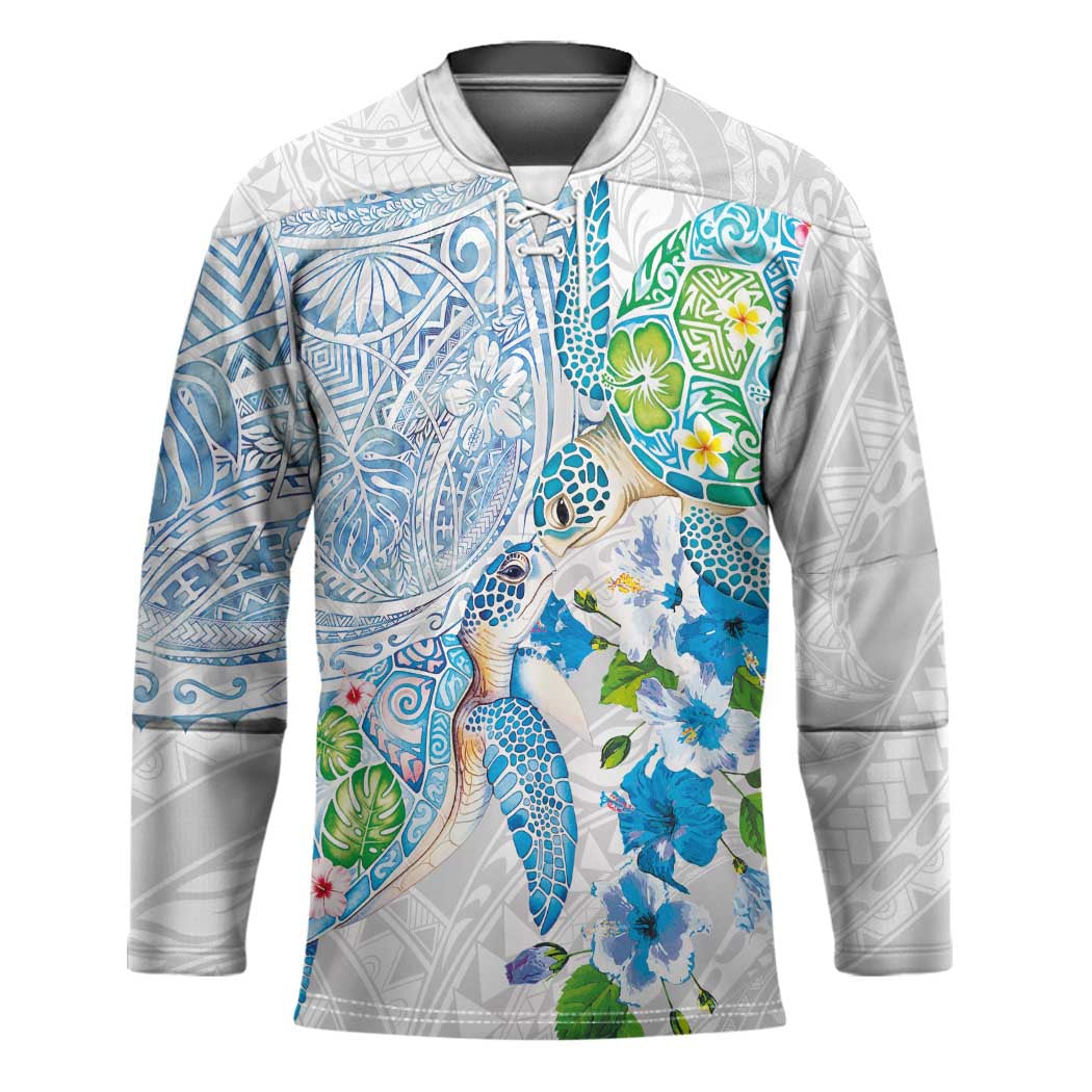 Hawaiian Couple Turtles Honi Hockey Jersey Polynesian Art Motifs and Hibiscus White Blue Color - Polynesian Pride