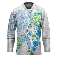 Hawaiian Couple Turtles Honi Hockey Jersey Polynesian Art Motifs and Hibiscus White Blue Color - Polynesian Pride
