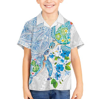 Hawaiian Couple Turtles Honi Kid Hawaiian Shirt Polynesian Art Motifs and Hibiscus White Blue Color - Polynesian Pride