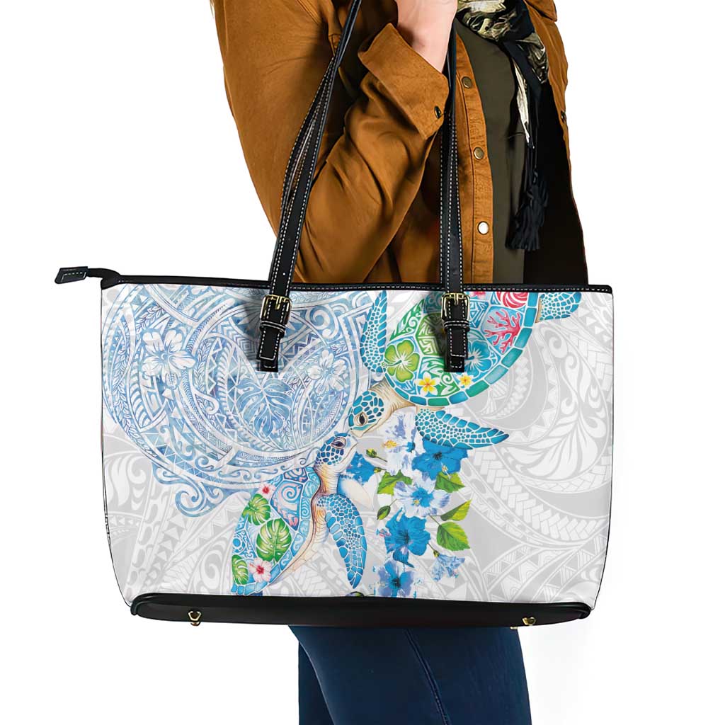 Hawaiian Couple Turtles Honi Leather Tote Bag Polynesian Art Motifs and Hibiscus White Blue Color - Polynesian Pride