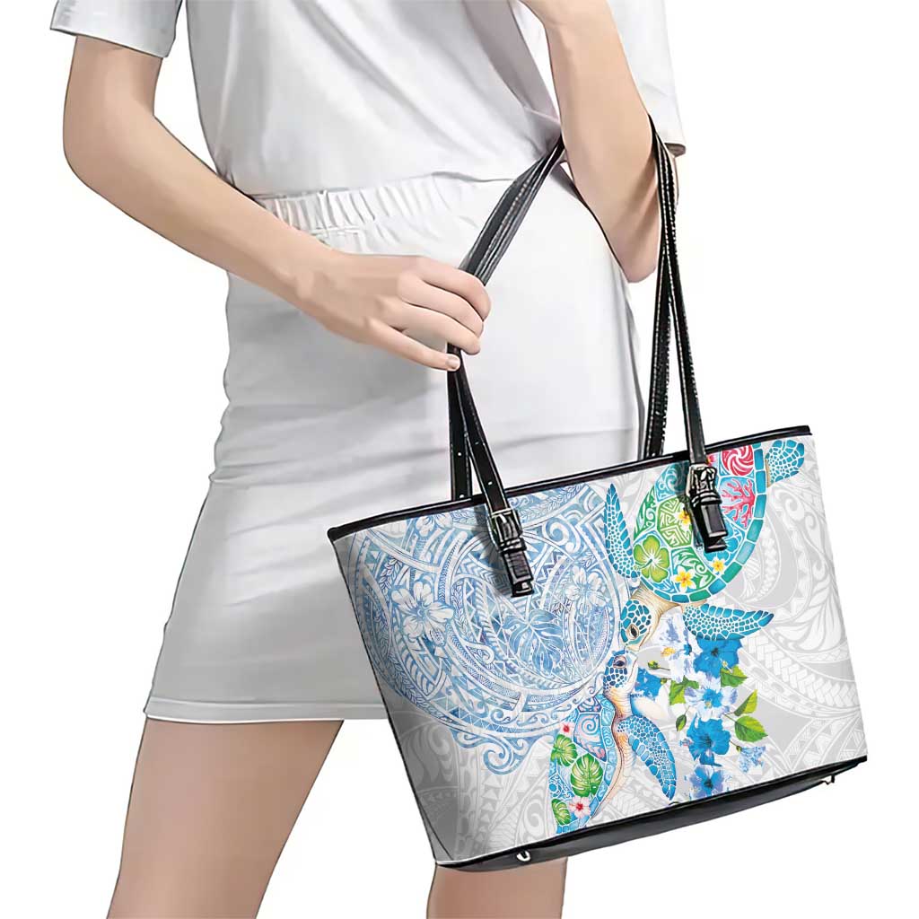 Hawaiian Couple Turtles Honi Leather Tote Bag Polynesian Art Motifs and Hibiscus White Blue Color - Polynesian Pride
