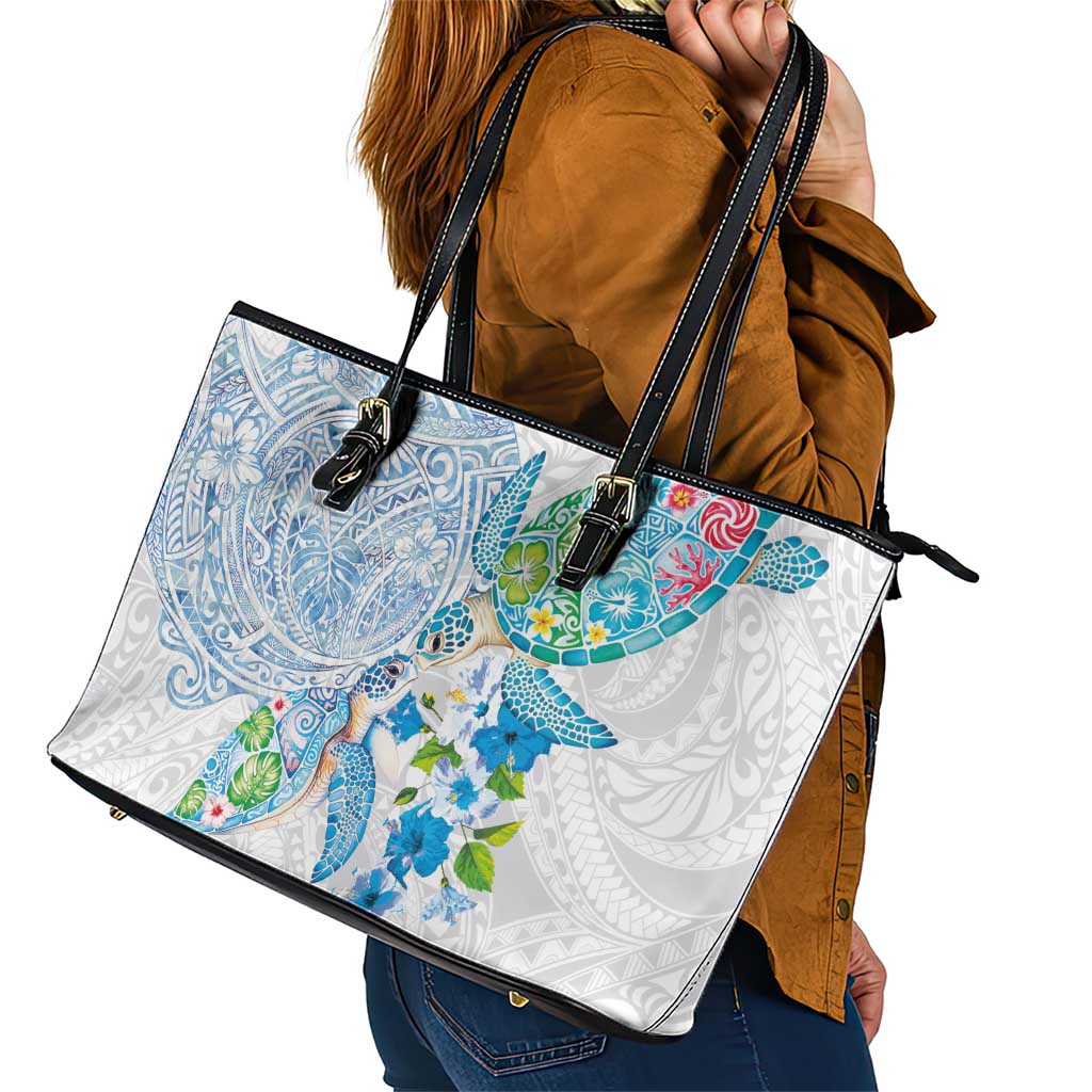 Hawaiian Couple Turtles Honi Leather Tote Bag Polynesian Art Motifs and Hibiscus White Blue Color - Polynesian Pride
