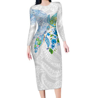 Hawaiian Couple Turtles Honi Long Sleeve Bodycon Dress Polynesian Art Motifs and Hibiscus White Blue Color - Polynesian Pride