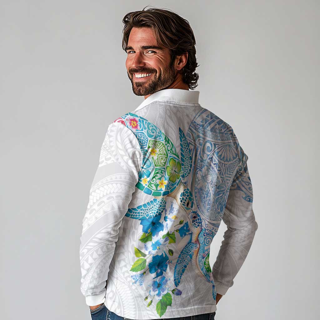 Hawaiian Couple Turtles Honi Long Sleeve Polo Shirt Polynesian Art Motifs and Hibiscus White Blue Color - Polynesian Pride