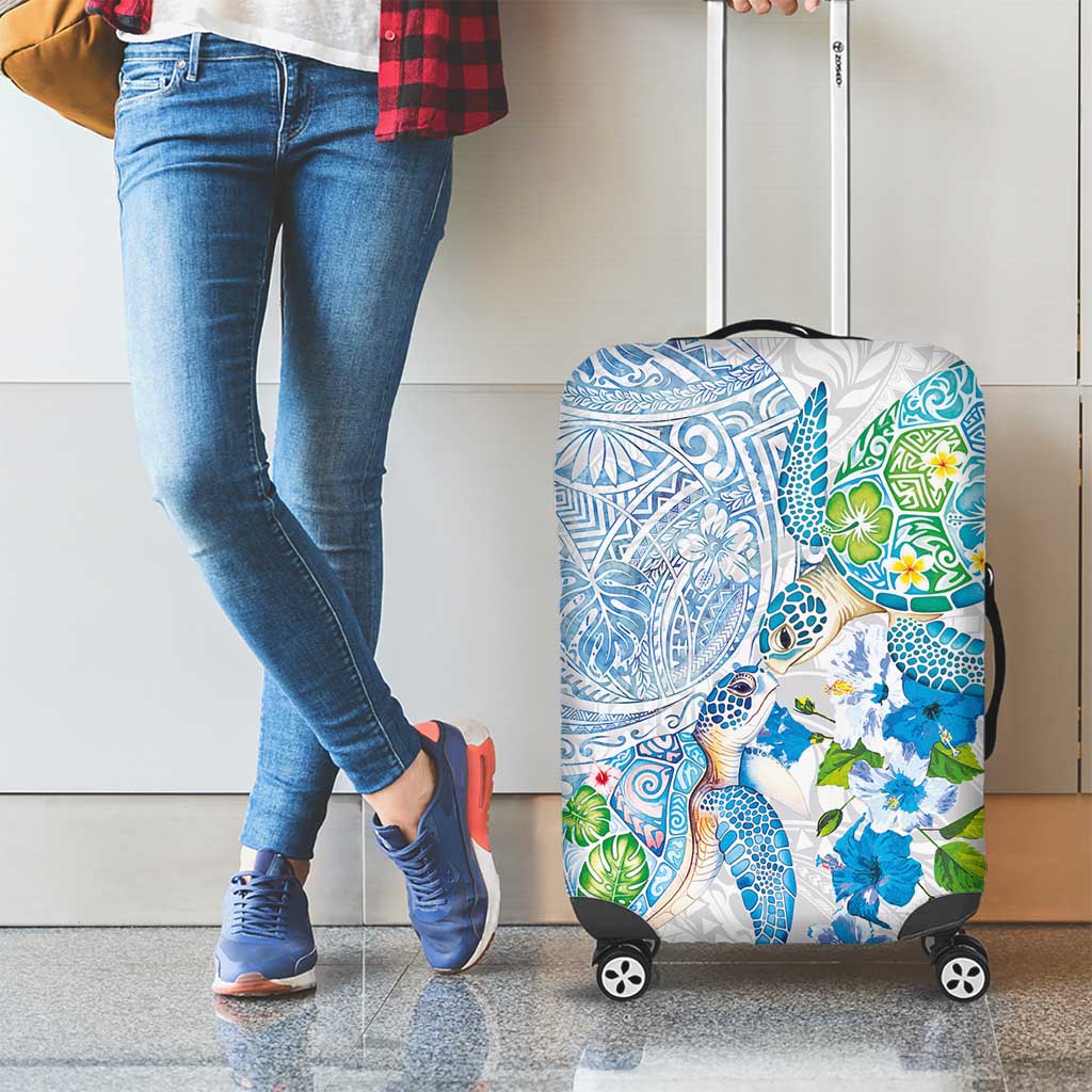 Hawaiian Couple Turtles Honi Luggage Cover Polynesian Art Motifs and Hibiscus White Blue Color - Polynesian Pride