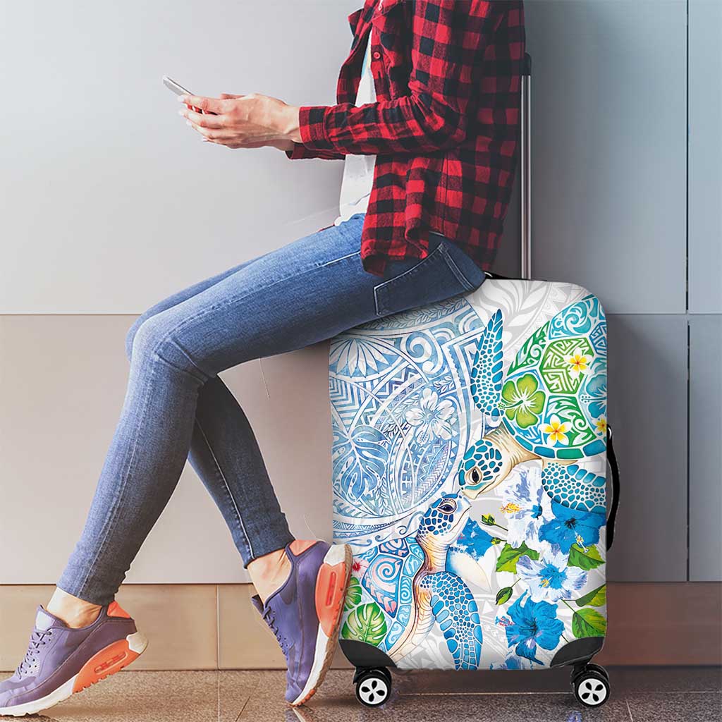 Hawaiian Couple Turtles Honi Luggage Cover Polynesian Art Motifs and Hibiscus White Blue Color - Polynesian Pride