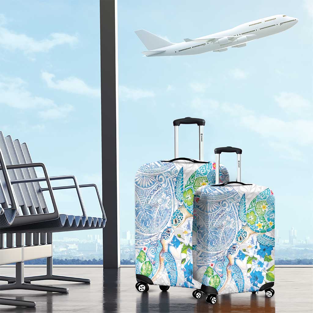 Hawaiian Couple Turtles Honi Luggage Cover Polynesian Art Motifs and Hibiscus White Blue Color - Polynesian Pride