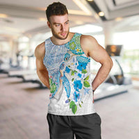 Hawaiian Couple Turtles Honi Men Tank Top Polynesian Art Motifs and Hibiscus White Blue Color - Polynesian Pride