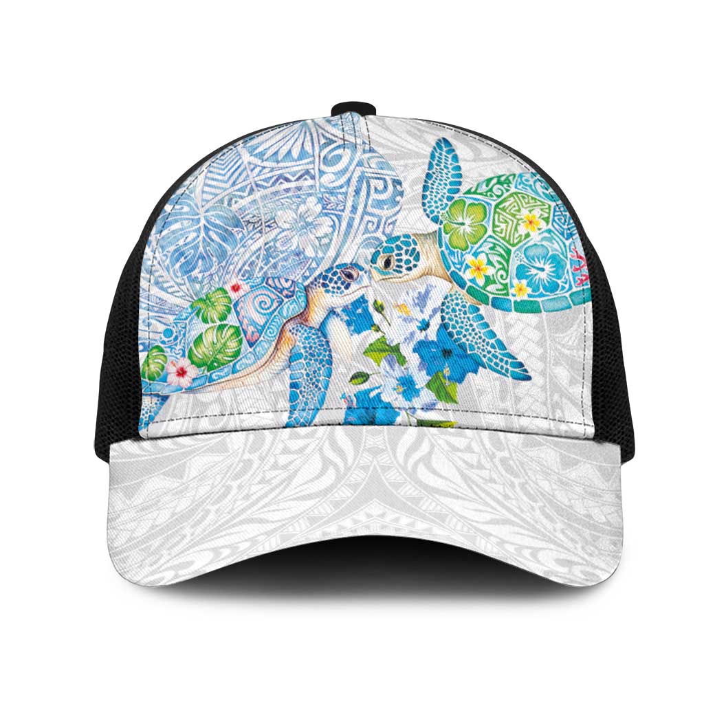 Hawaiian Couple Turtles Honi Mesh Trucker Cap Polynesian Art Motifs and Hibiscus White Blue Color - Polynesian Pride