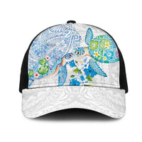 Hawaiian Couple Turtles Honi Mesh Trucker Cap Polynesian Art Motifs and Hibiscus White Blue Color - Polynesian Pride