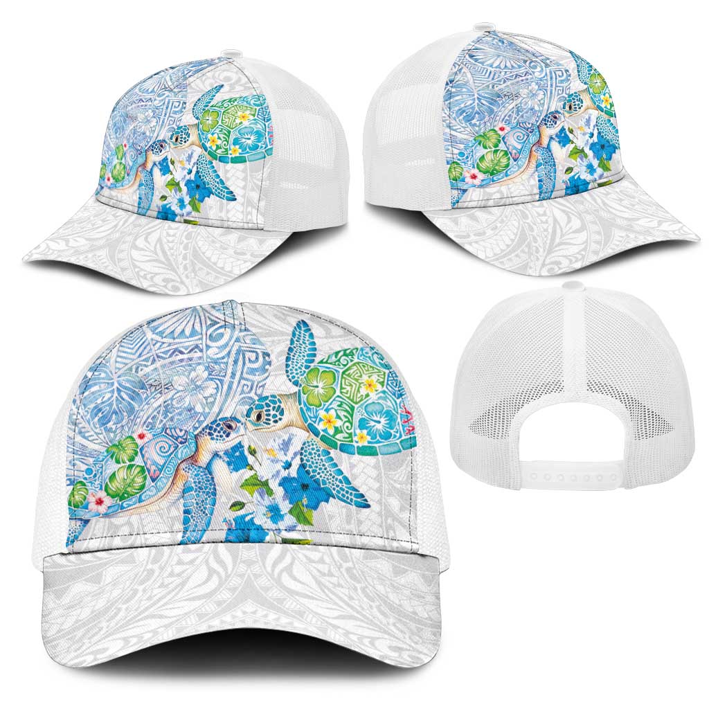 Hawaiian Couple Turtles Honi Mesh Trucker Cap Polynesian Art Motifs and Hibiscus White Blue Color - Polynesian Pride