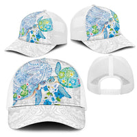 Hawaiian Couple Turtles Honi Mesh Trucker Cap Polynesian Art Motifs and Hibiscus White Blue Color - Polynesian Pride
