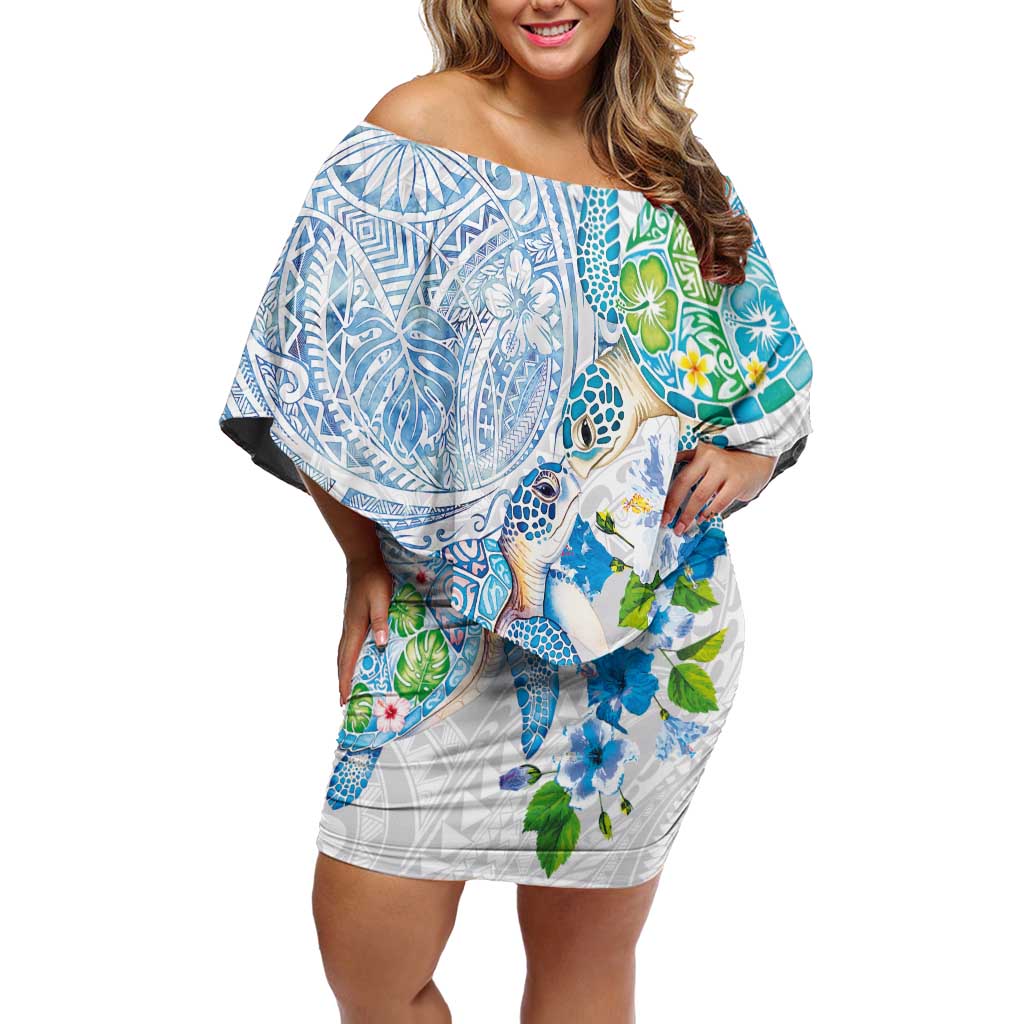 Hawaiian Couple Turtles Honi Off Shoulder Short Dress Polynesian Art Motifs and Hibiscus White Blue Color - Polynesian Pride