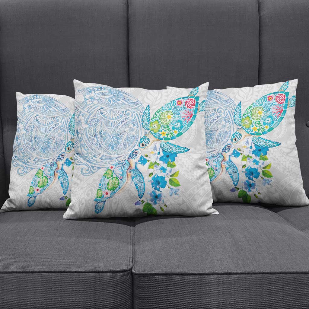 Hawaiian Couple Turtles Honi Pillow Cover Polynesian Art Motifs and Hibiscus White Blue Color - Polynesian Pride