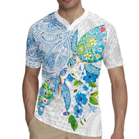 Hawaiian Couple Turtles Honi Rugby Jersey Polynesian Art Motifs and Hibiscus White Blue Color - Polynesian Pride