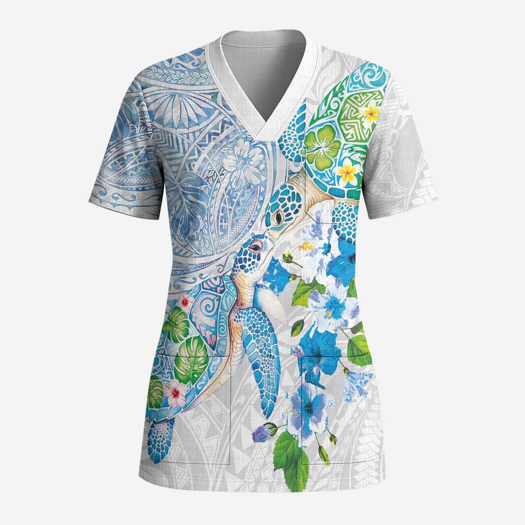 Hawaiian Couple Turtles Honi Scrub Top Polynesian Art Motifs and Hibiscus White Blue Color LT03 Adult White - Polynesian Pride