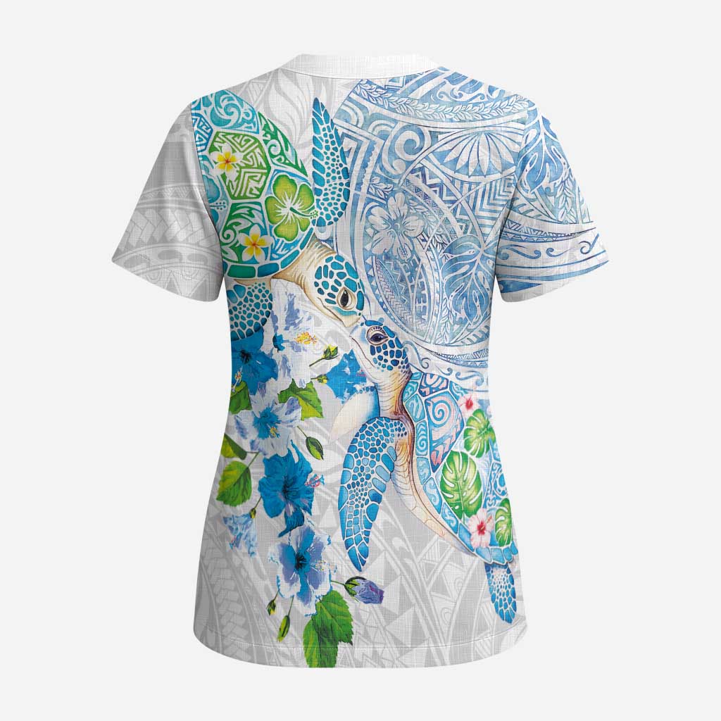 Hawaiian Couple Turtles Honi Scrub Top Polynesian Art Motifs and Hibiscus White Blue Color LT03 - Polynesian Pride