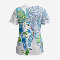 Hawaiian Couple Turtles Honi Scrub Top Polynesian Art Motifs and Hibiscus White Blue Color LT03 - Polynesian Pride