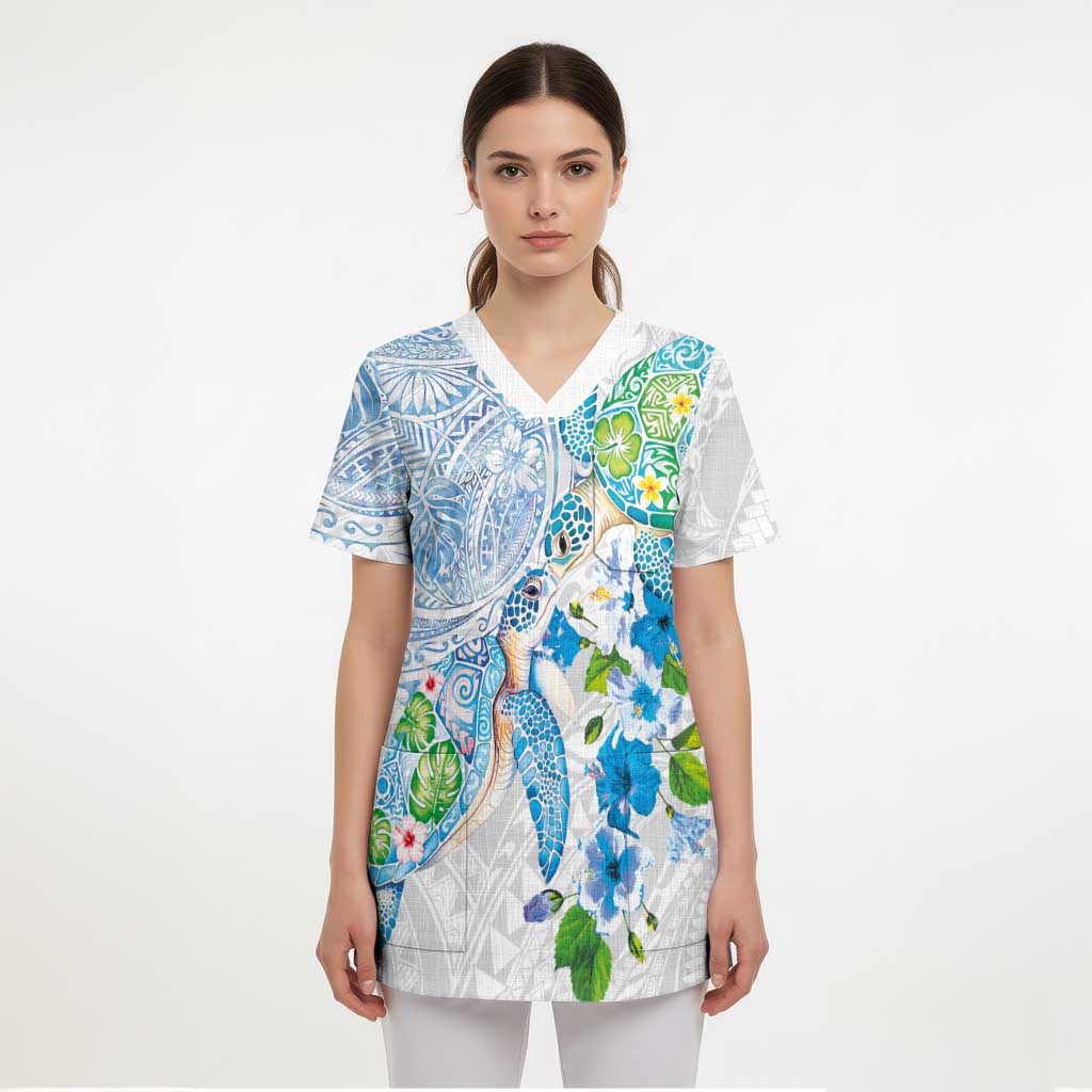Hawaiian Couple Turtles Honi Scrub Top Polynesian Art Motifs and Hibiscus White Blue Color LT03 - Polynesian Pride