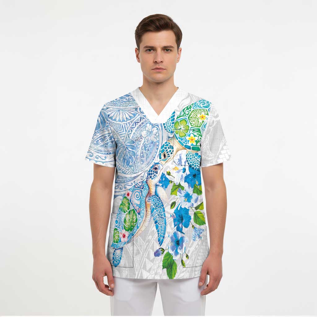 Hawaiian Couple Turtles Honi Scrub Top Polynesian Art Motifs and Hibiscus White Blue Color LT03 - Polynesian Pride