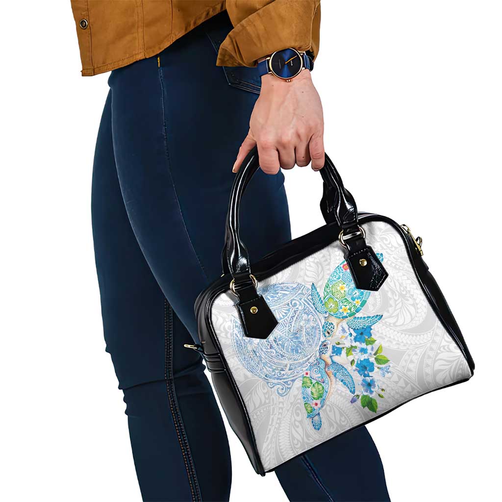 Hawaiian Couple Turtles Honi Shoulder Handbag Polynesian Art Motifs and Hibiscus White Blue Color - Polynesian Pride