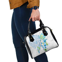Hawaiian Couple Turtles Honi Shoulder Handbag Polynesian Art Motifs and Hibiscus White Blue Color - Polynesian Pride