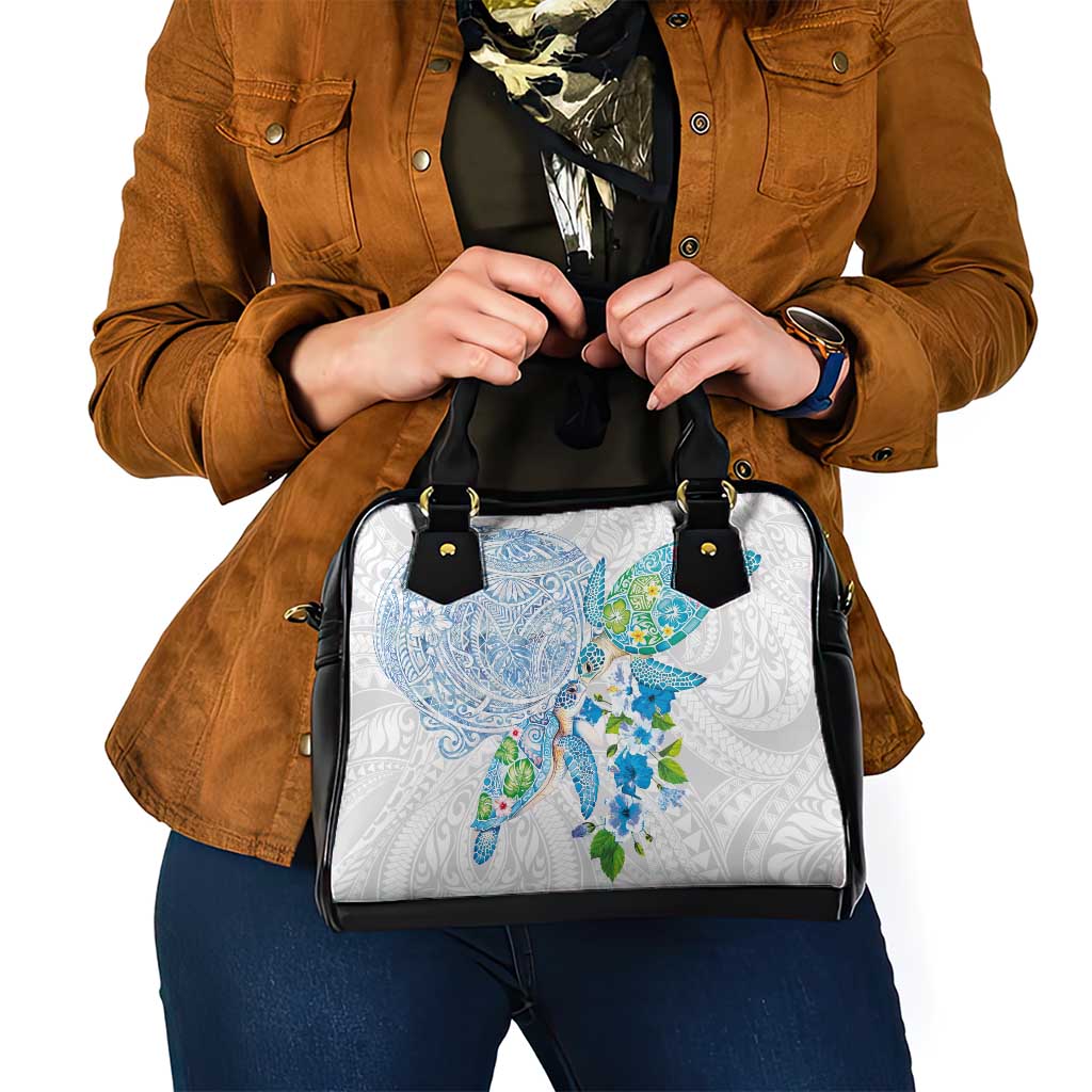 Hawaiian Couple Turtles Honi Shoulder Handbag Polynesian Art Motifs and Hibiscus White Blue Color - Polynesian Pride