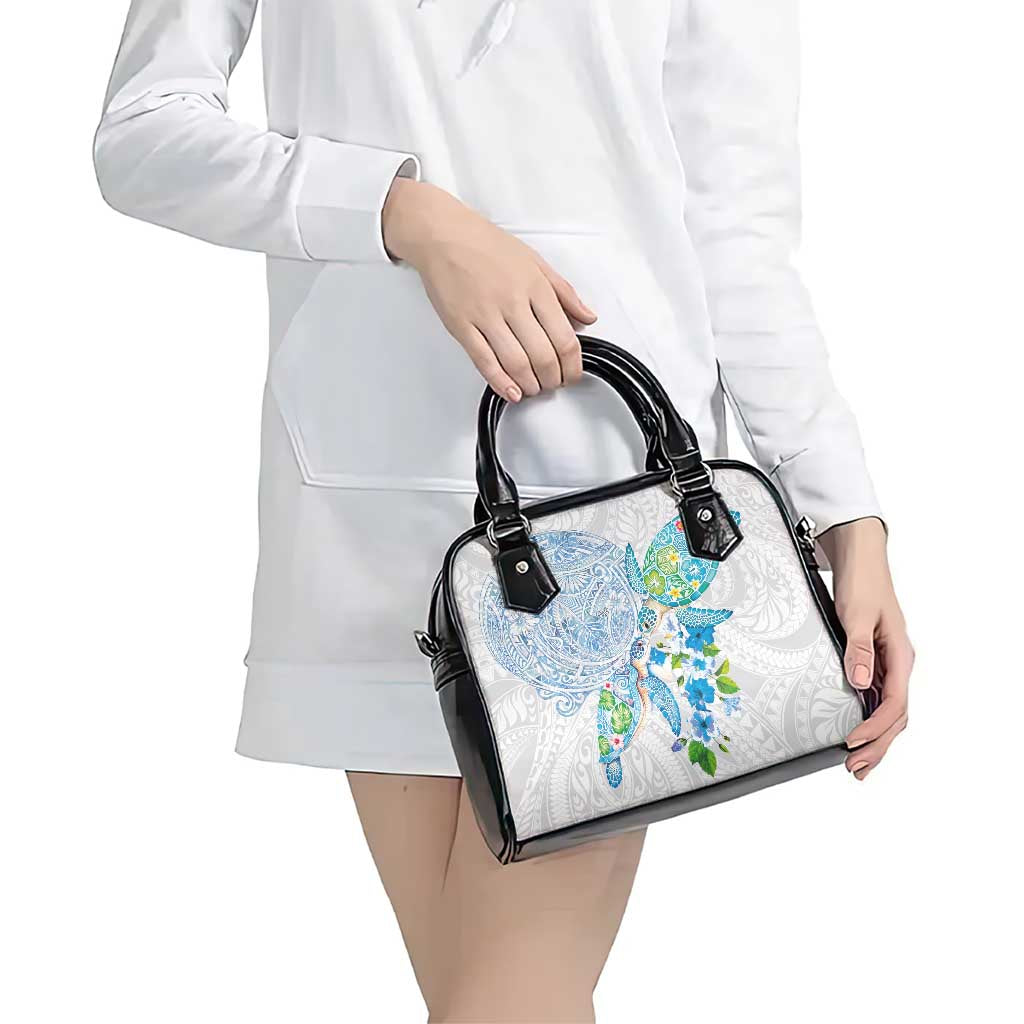 Hawaiian Couple Turtles Honi Shoulder Handbag Polynesian Art Motifs and Hibiscus White Blue Color - Polynesian Pride
