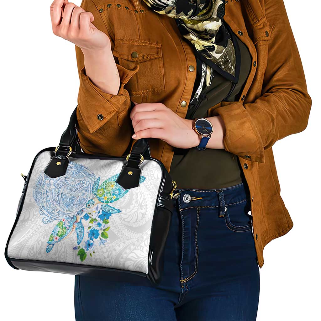 Hawaiian Couple Turtles Honi Shoulder Handbag Polynesian Art Motifs and Hibiscus White Blue Color - Polynesian Pride