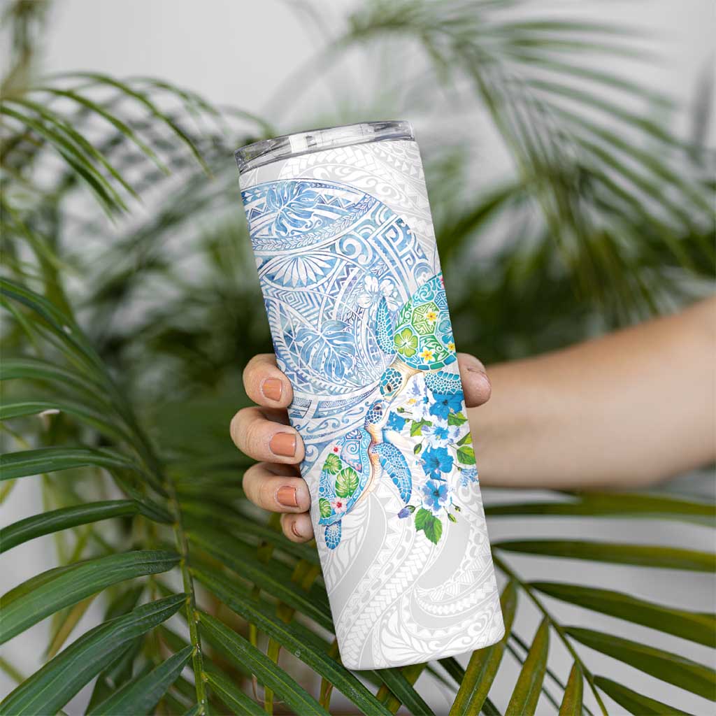 Hawaiian Couple Turtles Honi Skinny Tumbler Polynesian Art Motifs and Hibiscus White Blue Color - Polynesian Pride