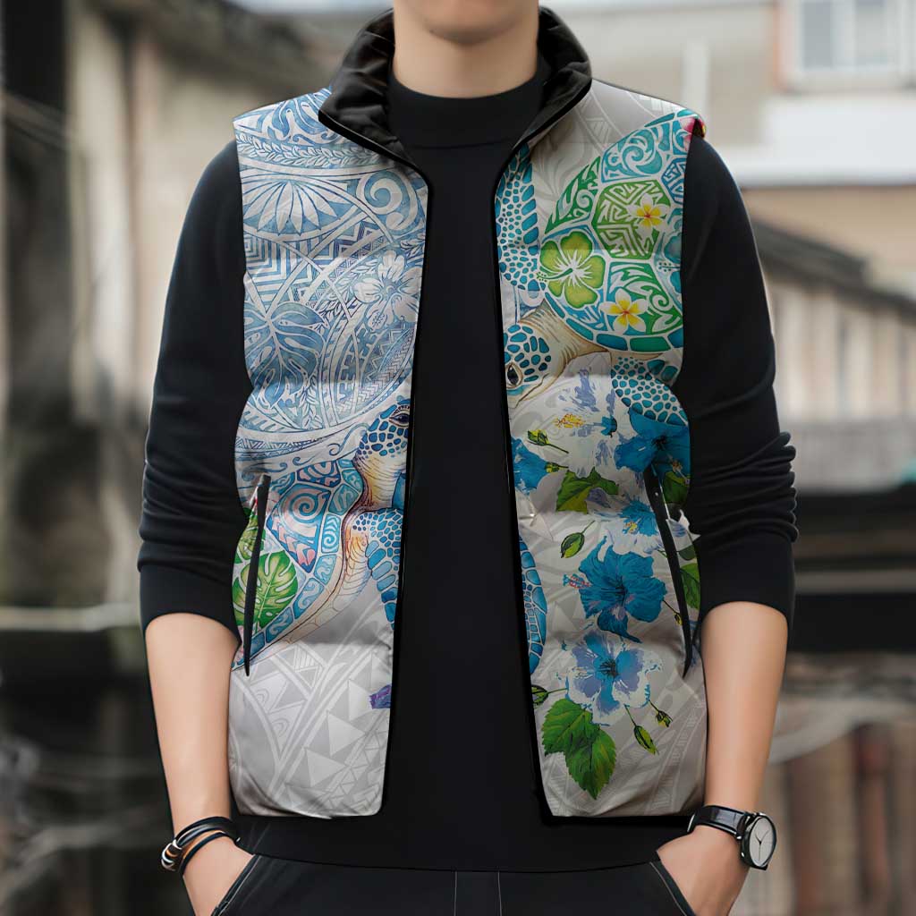 Hawaiian Couple Turtles Honi Sleeveless Puffer Jacket Polynesian Art Motifs and Hibiscus White Blue Color - Polynesian Pride