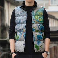 Hawaiian Couple Turtles Honi Sleeveless Puffer Jacket Polynesian Art Motifs and Hibiscus White Blue Color - Polynesian Pride