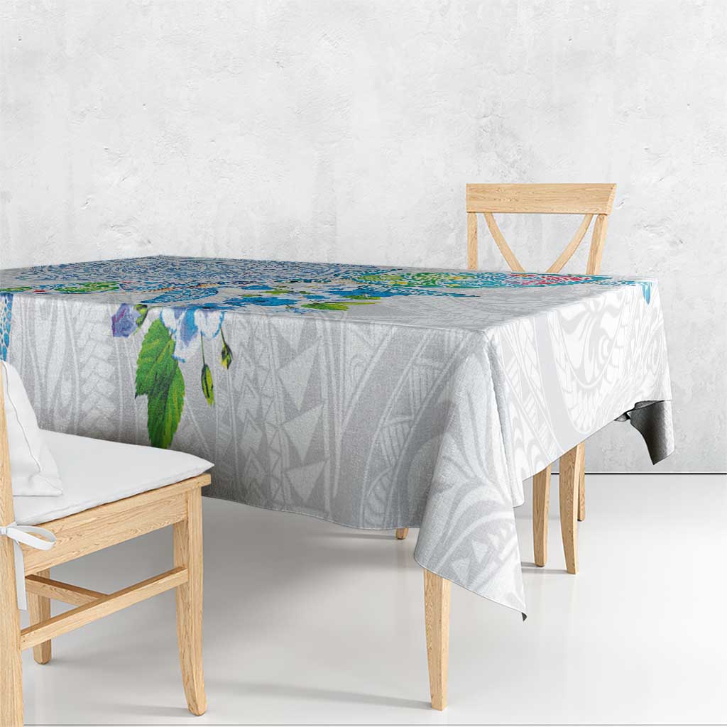 Hawaiian Couple Turtles Honi Tablecloth Polynesian Art Motifs and Hibiscus White Blue Color - Polynesian Pride