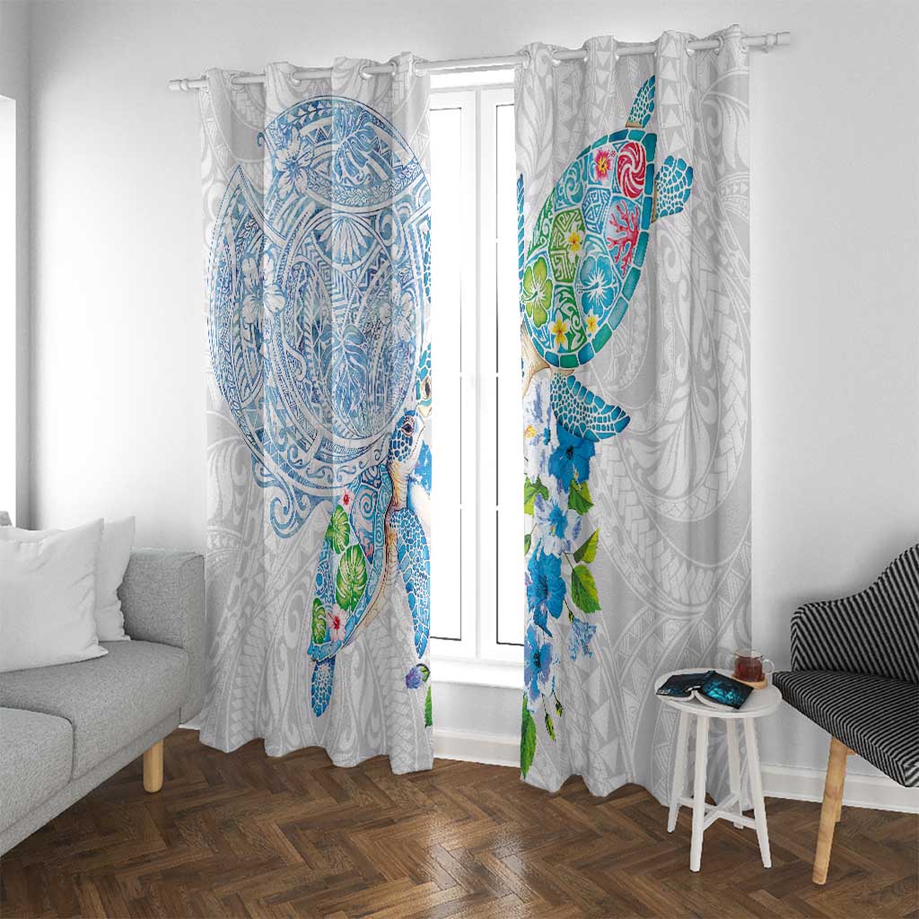 Hawaiian Couple Turtles Honi Window Curtain Polynesian Art Motifs and Hibiscus White Blue Color - Polynesian Pride