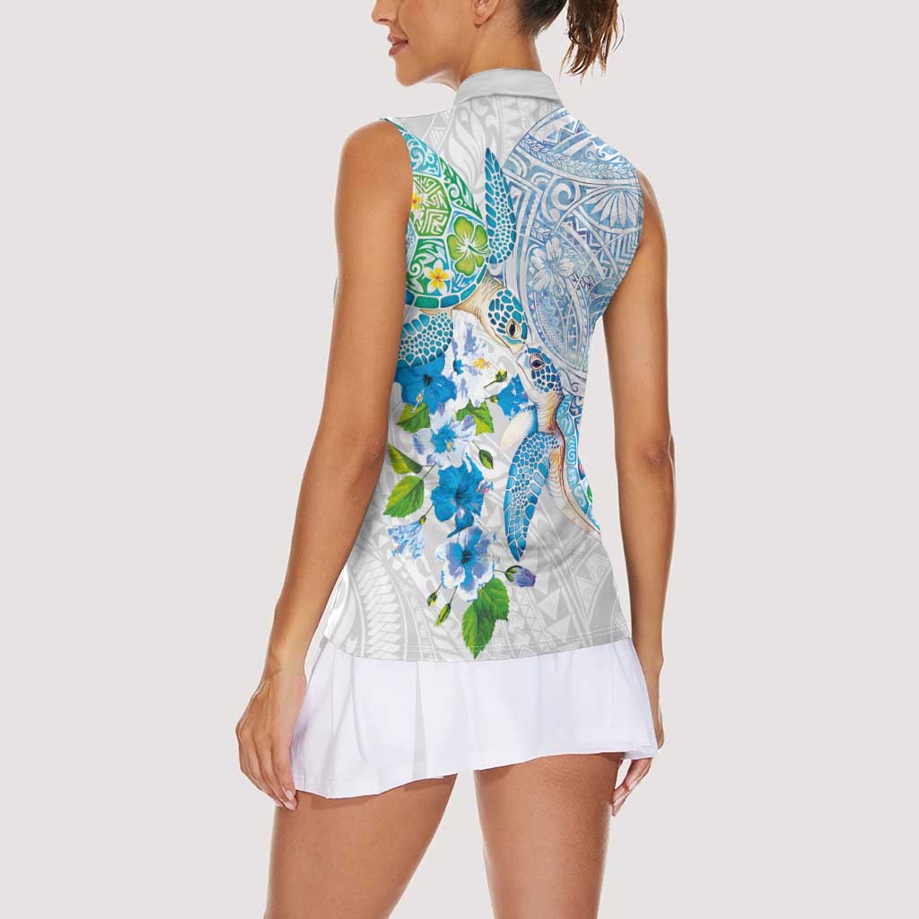 Hawaiian Couple Turtles Honi Women Sleeveless Polo Shirt Polynesian Art Motifs and Hibiscus White Blue Color - Polynesian Pride