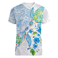 Hawaiian Couple Turtles Honi Women V-Neck T-Shirt Polynesian Art Motifs and Hibiscus White Blue Color - Polynesian Pride