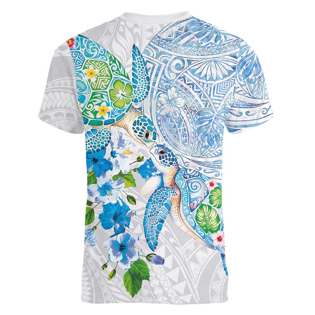 Hawaiian Couple Turtles Honi Women V-Neck T-Shirt Polynesian Art Motifs and Hibiscus White Blue Color - Polynesian Pride
