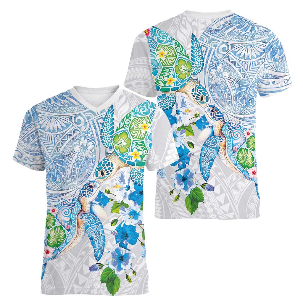 Hawaiian Couple Turtles Honi Women V-Neck T-Shirt Polynesian Art Motifs and Hibiscus White Blue Color - Polynesian Pride