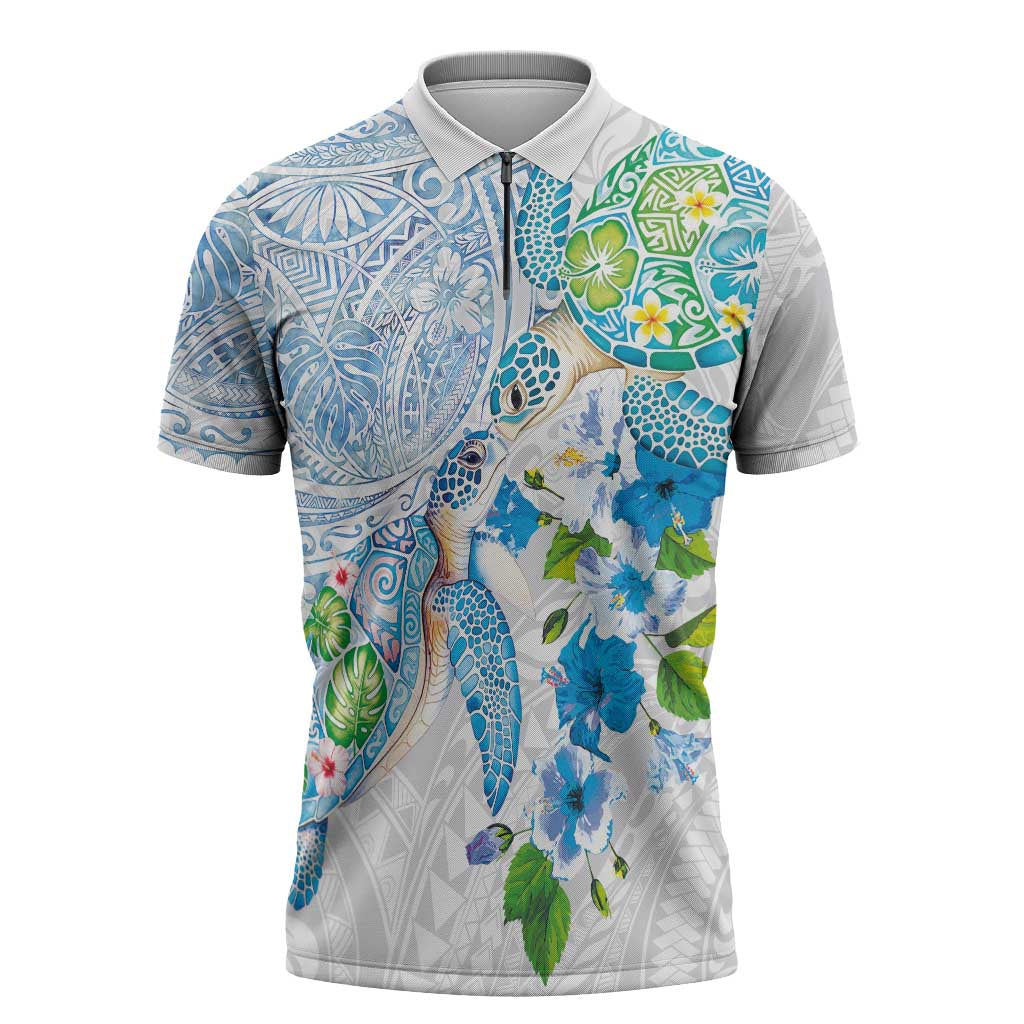 Hawaiian Couple Turtles Honi Zipper Polo Shirt Polynesian Art Motifs and Hibiscus White Blue Color - Polynesian Pride