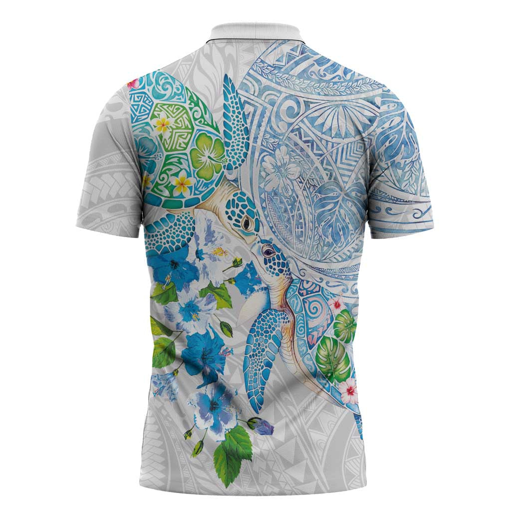 Hawaiian Couple Turtles Honi Zipper Polo Shirt Polynesian Art Motifs and Hibiscus White Blue Color - Polynesian Pride