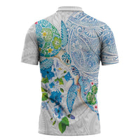 Hawaiian Couple Turtles Honi Zipper Polo Shirt Polynesian Art Motifs and Hibiscus White Blue Color - Polynesian Pride