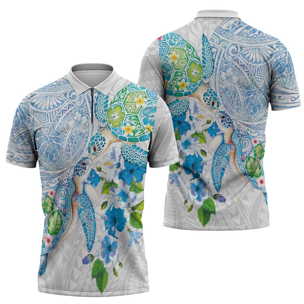 Hawaiian Couple Turtles Honi Zipper Polo Shirt Polynesian Art Motifs and Hibiscus White Blue Color - Polynesian Pride