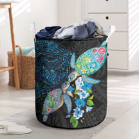 Hawaiian Couple Turtles Honi Laundry Basket Polynesian Art Motifs and Hibiscus Black Blue Color LT03 Black - Polynesian Pride