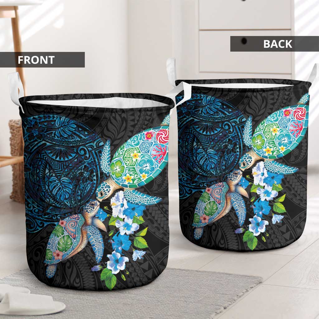 Hawaiian Couple Turtles Honi Laundry Basket Polynesian Art Motifs and Hibiscus Black Blue Color LT03 - Polynesian Pride